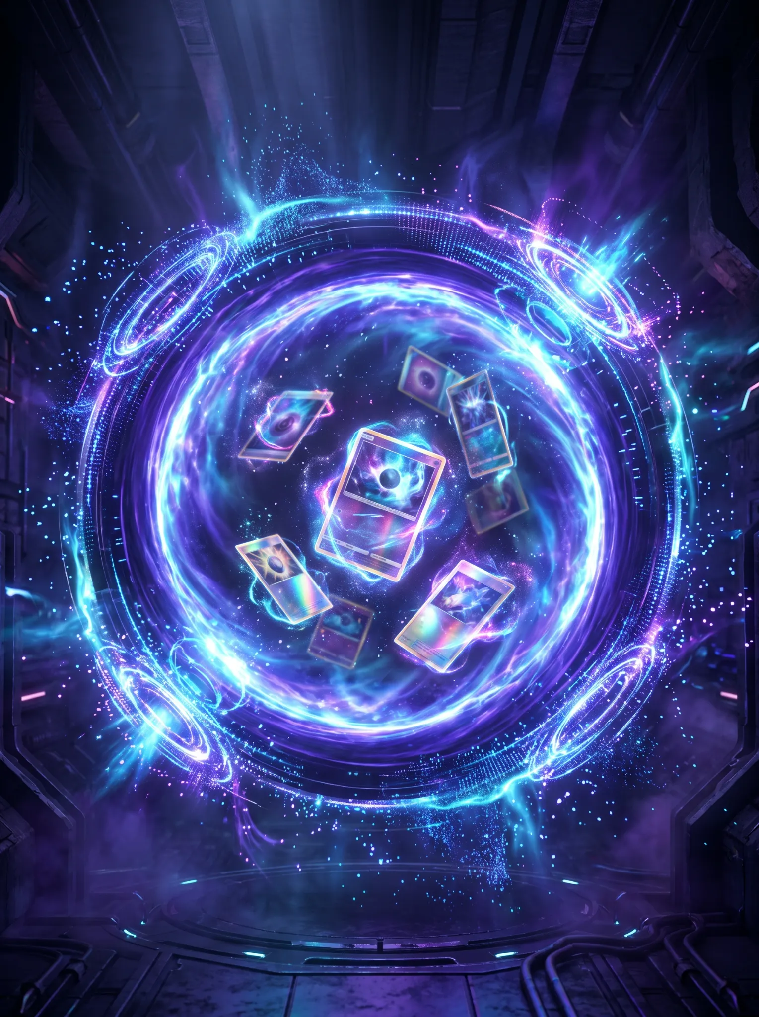 Portal violeta con cartas holográficas flotantes